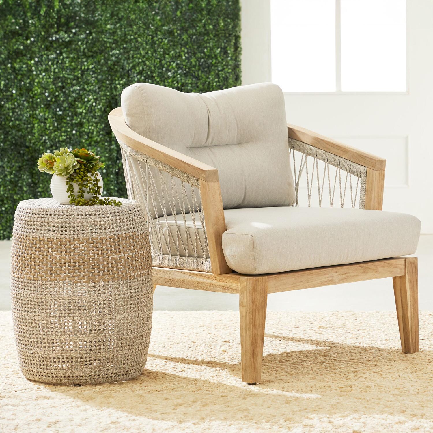 Lakeview Heritage Way 2 Pc Gray Teak Seating Set W/ Woven Rope Accent Table in Taupe & White/Light Gray thumbnail