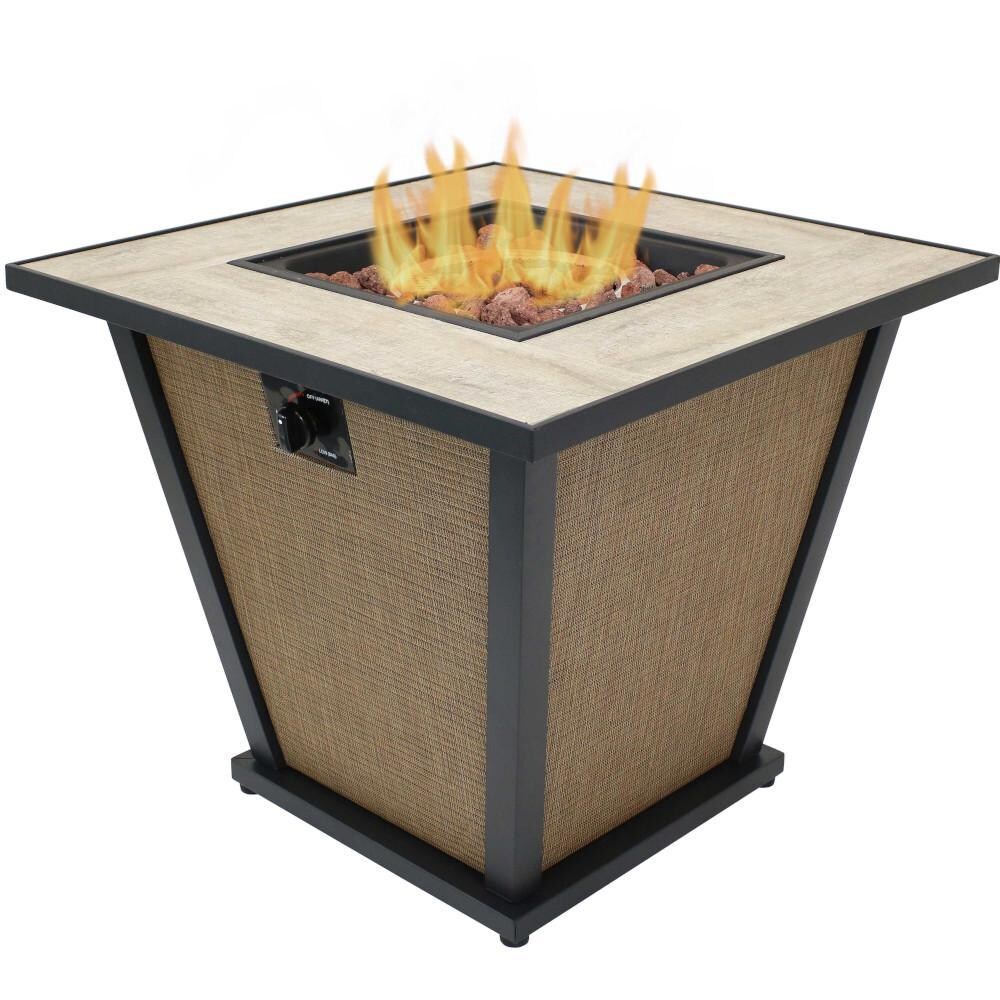 Ultimate Patio 28-Inch Square Propane Gas Fire Pit w/ Khaki Rafa Fabric - Flames thumbnail