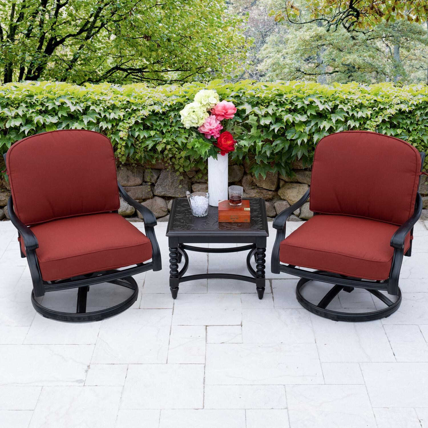 Villa Flora 3 Piece Cast Aluminum Patio Conversation Set W Swivel Rockers End Table Sunbrella Canvas Henna Cushions By Lakeview Outdoor Designs