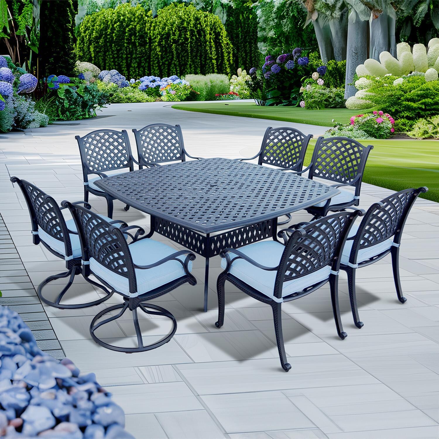 Darlee Nassau 9-Piece Patio Dining Set (with Swivel Rockers) with Sky Blue Cushions and 64 Inch Square Dining Table - Set - Lifestyle thumbnail