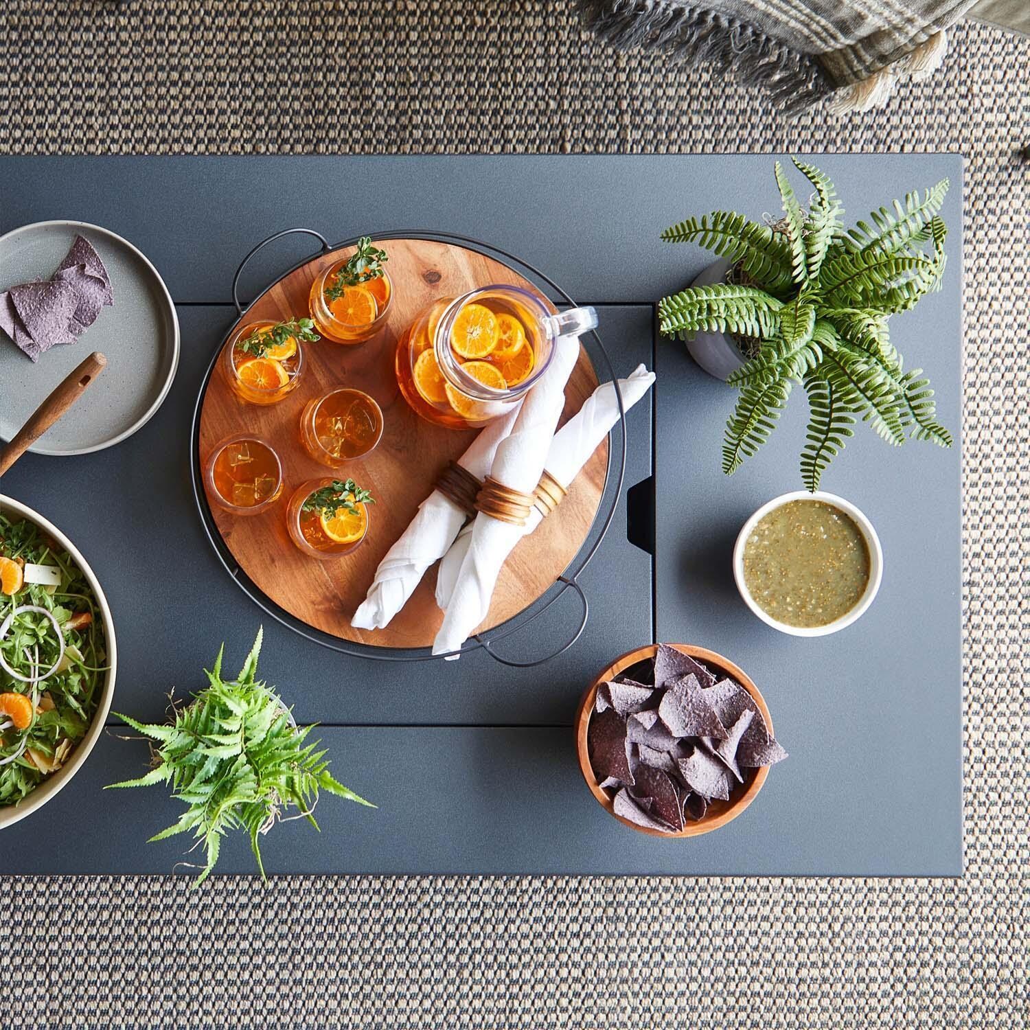 Covewood 58 Inch Rectangular Aluminum Propane Fire Pit Table w/ Hidden Propane Tank in Charcoal by BBQGuys Signature - Close Up - Detail thumbnail