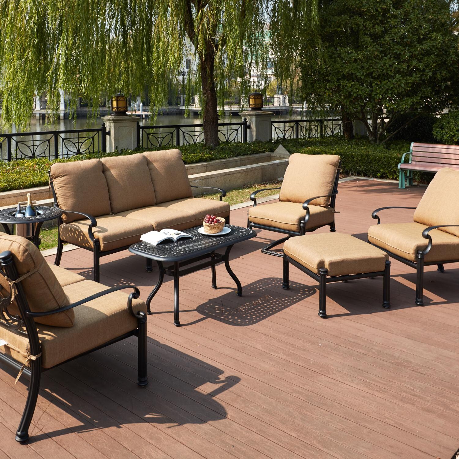Darlee Santa Barbara 7 Piece Cast Aluminum Patio Conversation Set W/ Ice Bucket Insert & Sesame Cushions image