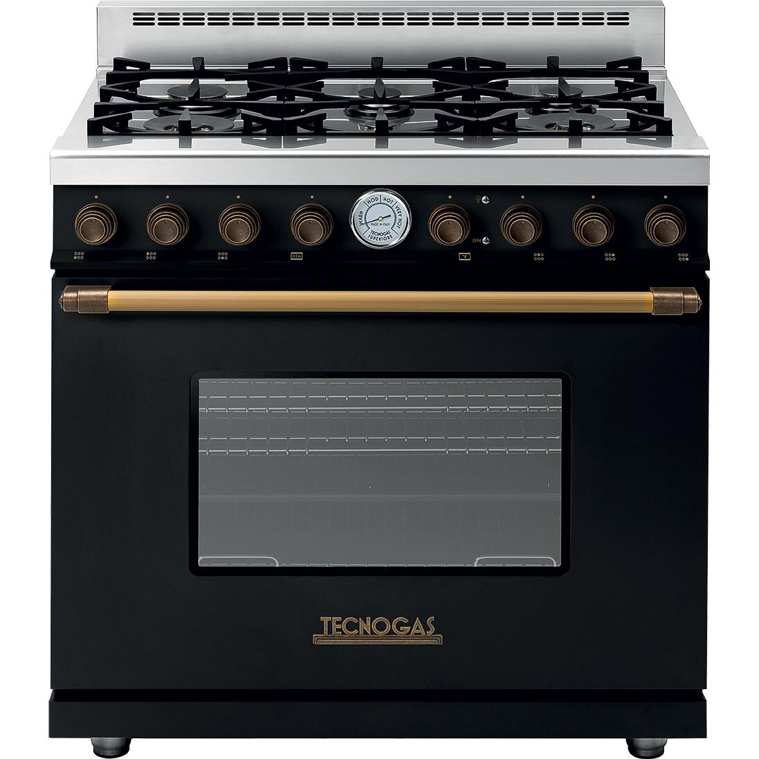 Tecnogas Superiore 36-Inch DECO Natural Gas Range With 6 Burners - Black/ Brass - RD361 GCN-B