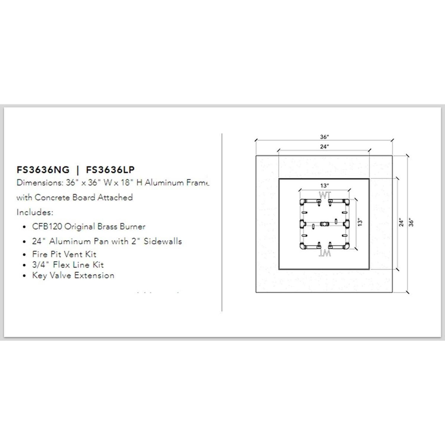 Warming Trends FS3636NG Square 36 Inch Natural Gas Ready To Finish Fire Pit Kit - Measurements thumbnail