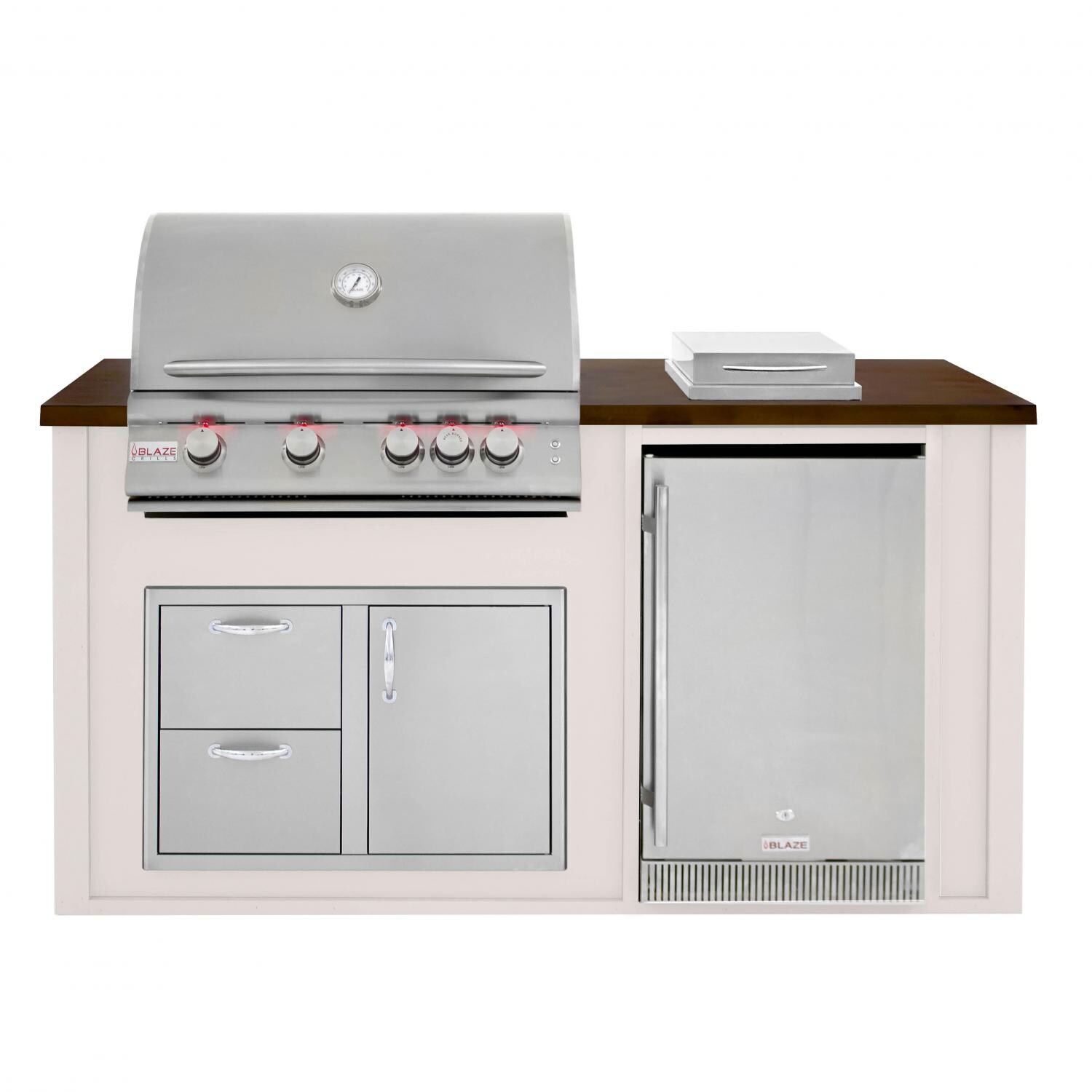 BBQGuys 6 Ft BBQ Island With Blaze LTE2 32-Inch Propane Gas Grill, Door/Drawer Combo, Outdoor-Rated Compact Refrigerator & Side Burner - Greige/Brown - LTEDDC4.1SBLP-6SBVP4PGCB