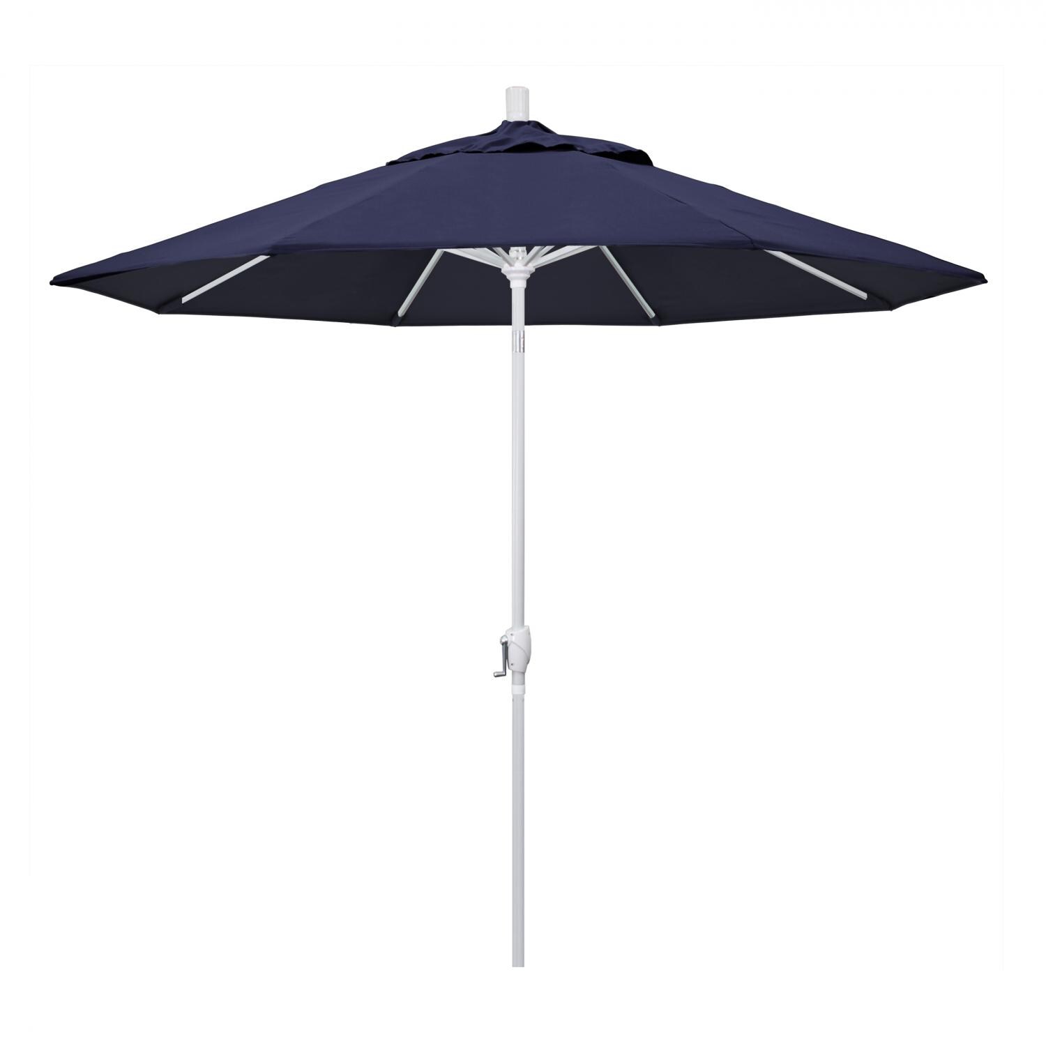 California Umbrella 9 Ft. Octagonal Aluminum Push Button Tilt Patio Umbrella W/ Crank Lift & Aluminum Ribs - Matted White Frame / Sunbrella Canvas Navy Canopy
