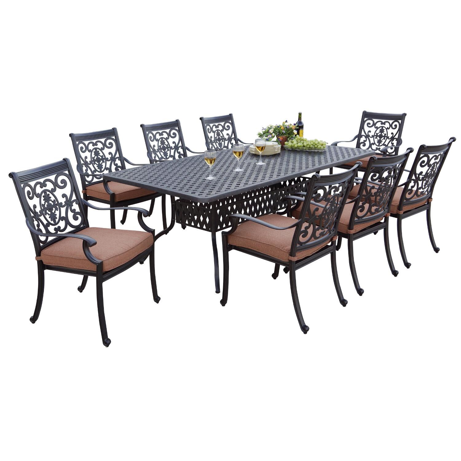 St. Cruz 9 Pc Cast Aluminum Dining Set w/ 84 X 42 Inch Table in Antique Bronze/Spicy Chili by Darlee