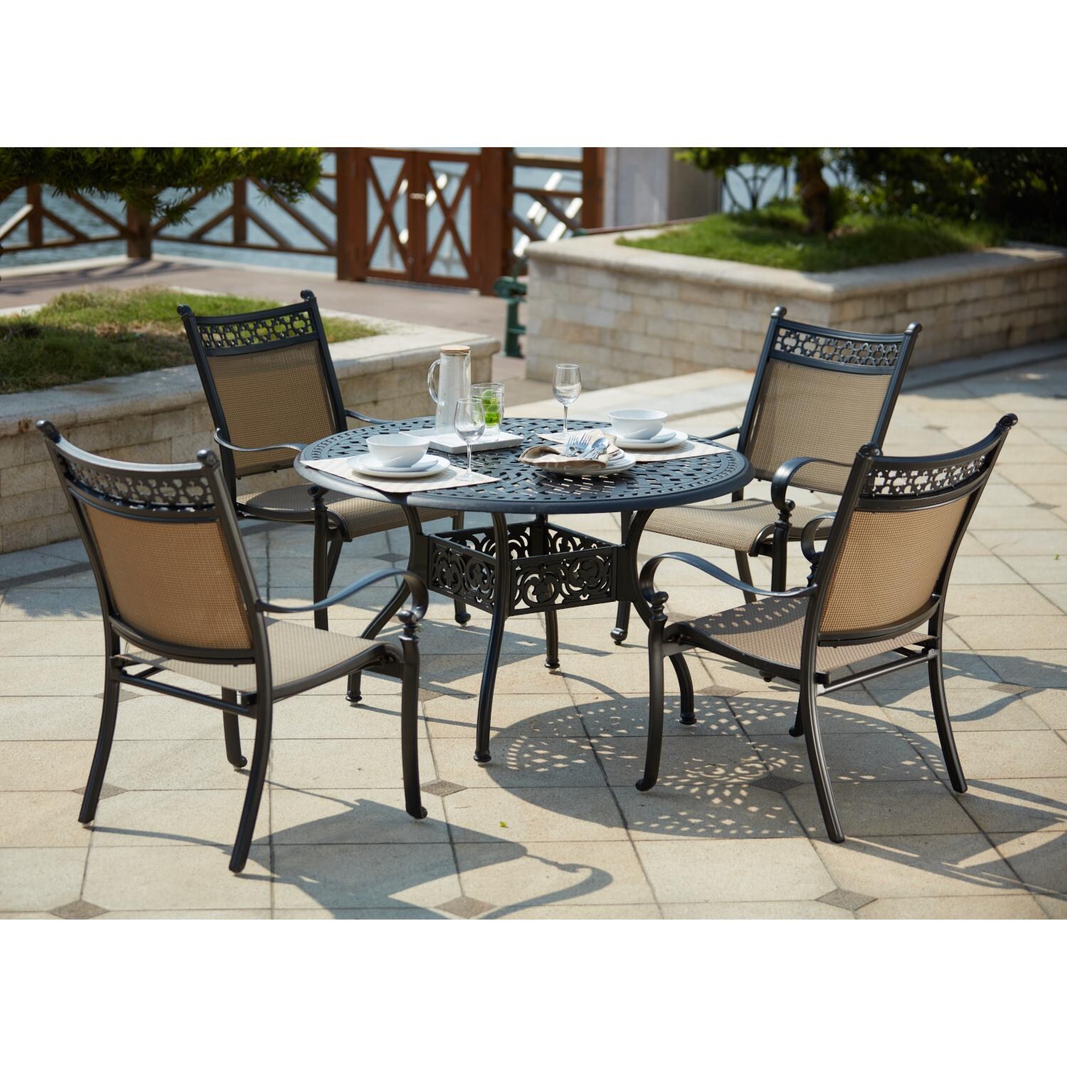 Darlee 201610-5PC-60C Mountain View 5 Piece Cast Aluminum Sling Patio Dining Set W/ 48 Inch Round Table - Lifestyle thumbnail