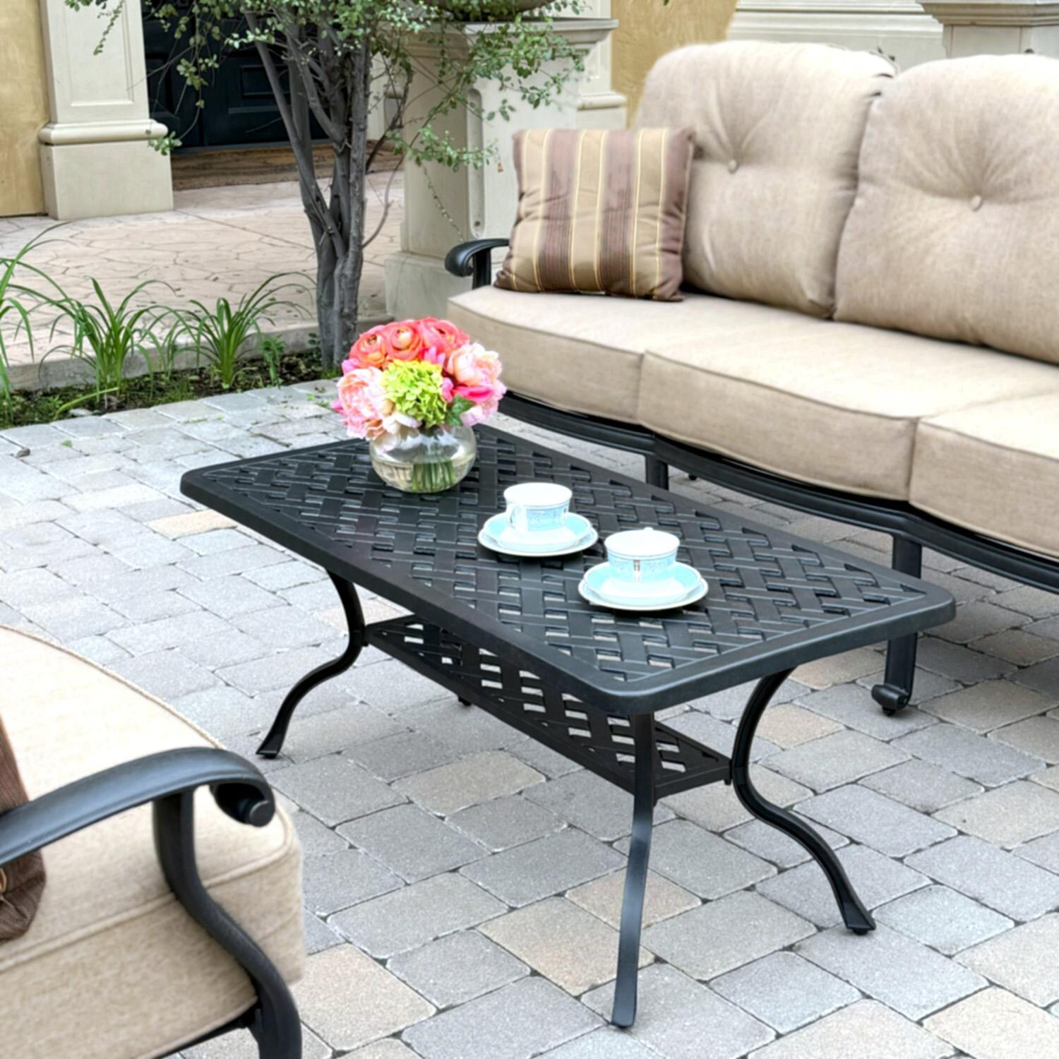 Darlee Elisabeth 3 Pc Cast Aluminum Seating Set w/ 42 X 21 Inch Table & Throw Pillows in Antique Bronze/Beige - Table Angled - Lifestyle thumbnail