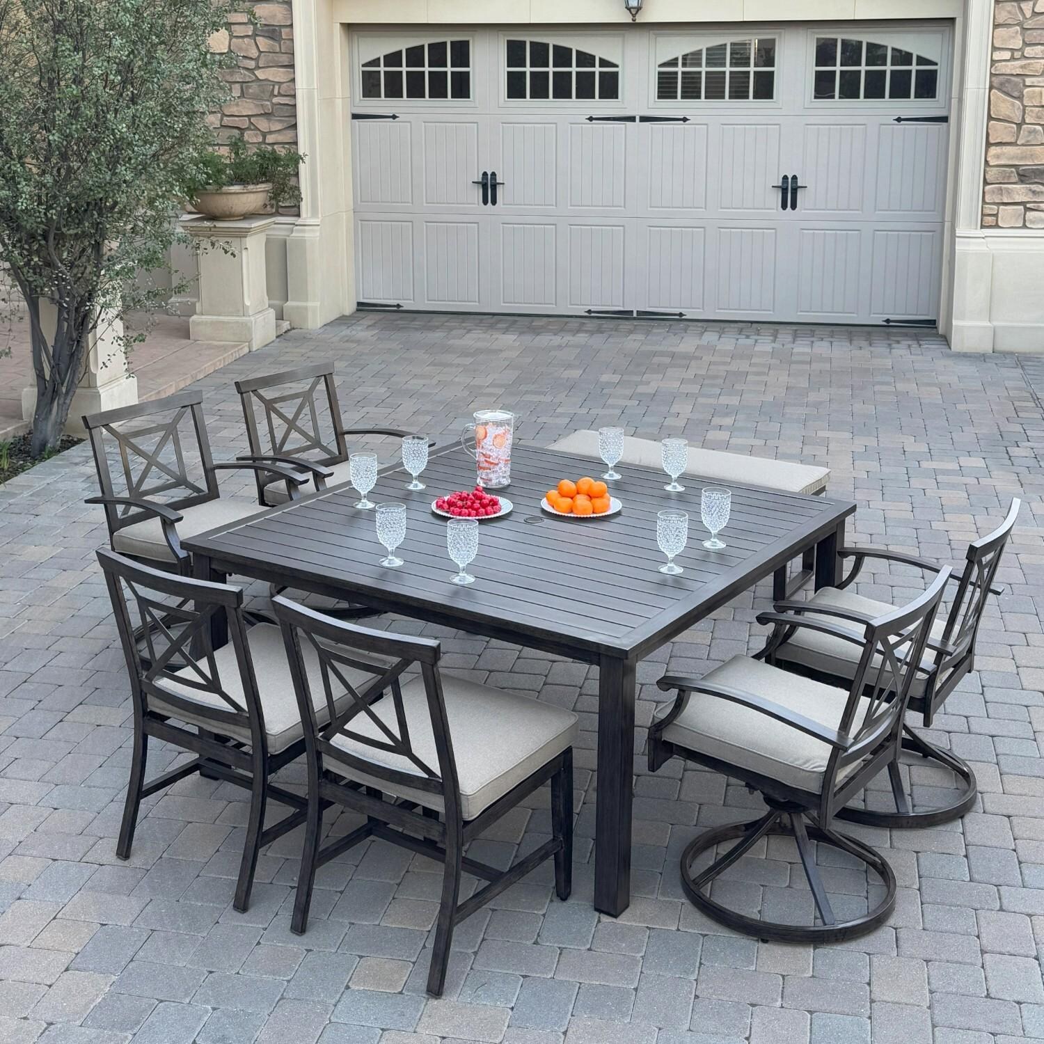 Atlantis 8 Pc Aluminum Dining Set w/ 2 Dining Side Chairs, 4 Swivel Rocker Dining Arm Chairs & Two Person Bench in Walnut/Beige by Darlee - Hero - Lifestyle thumbnail