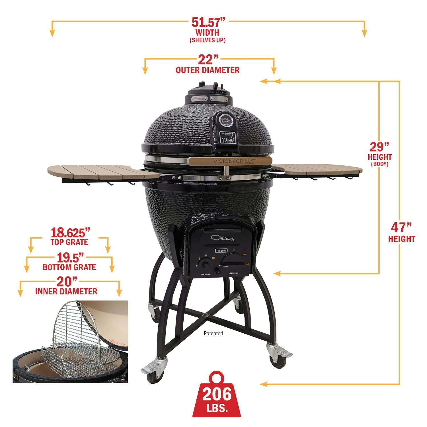 Vision C-4C1F1-H Professional C-Series Ceramic Kamado Grill - Black - Dimensions thumbnail