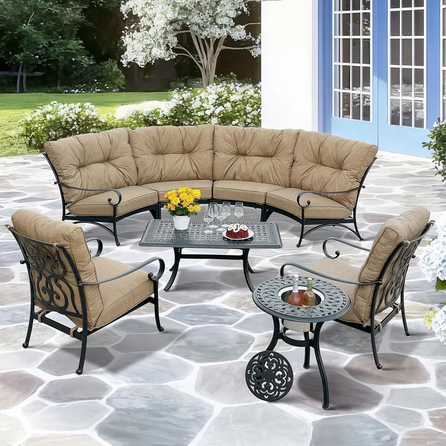 Santa Anita 8 Pc Cast Aluminum Sectional Seating Set w/ 48-in Series 88 Ice Bucket End Table in Antique Bronze/Heather Beige Sunbrella by Darlee