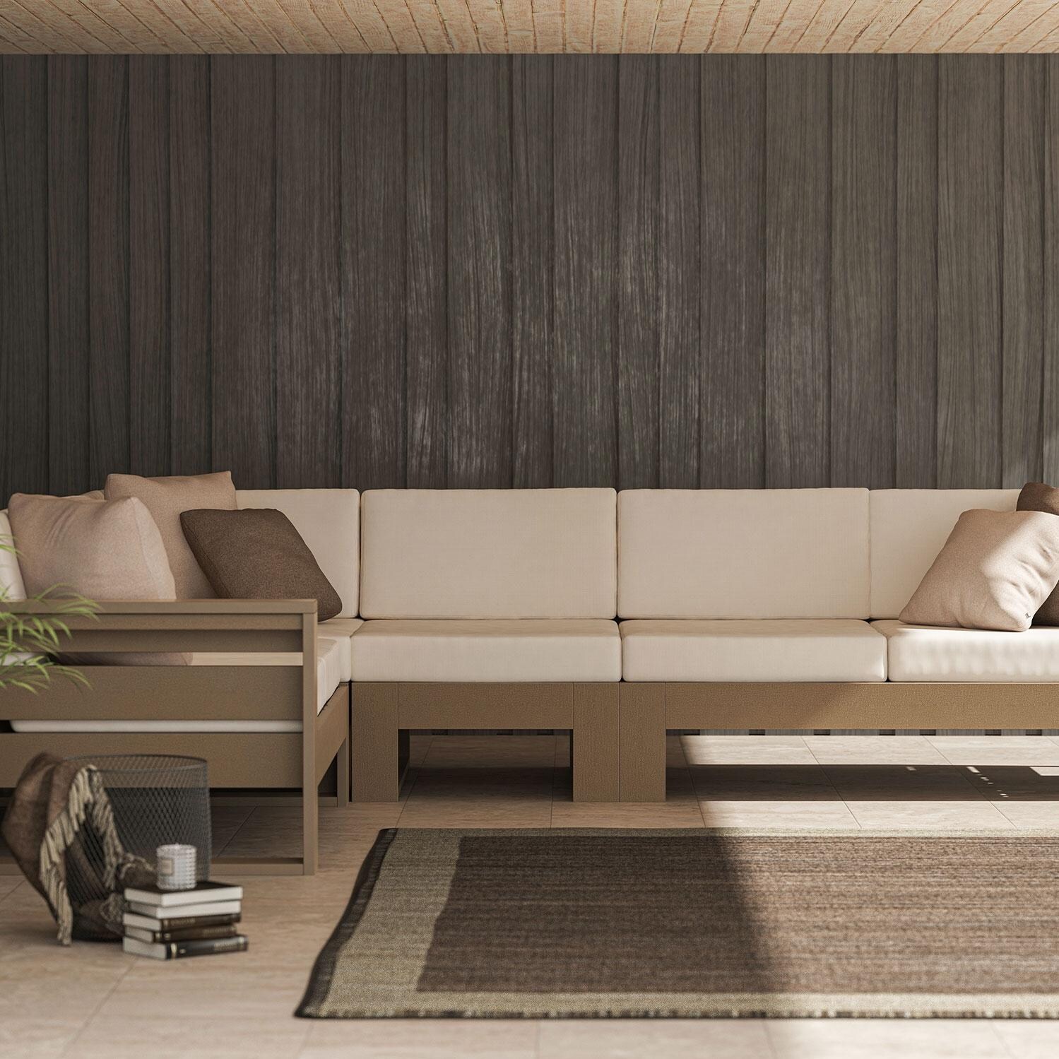 Latitude 4 Person Sectional Sofa in Vintage White/Dune Burlap By PW Designer Series - Shown in Vintage Sahara/Dune Burlap Finish - Under Patio - Lifestyle thumbnail