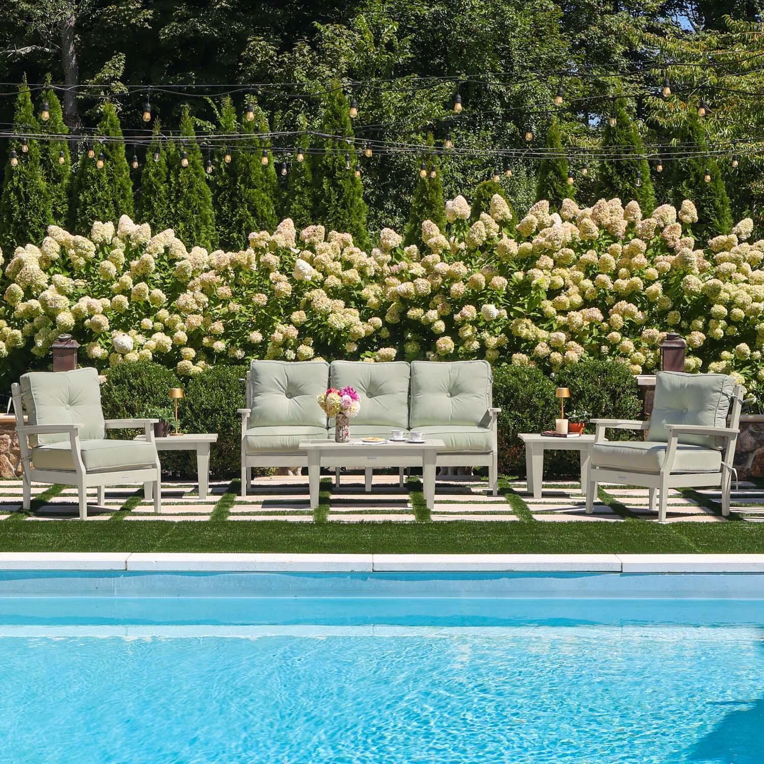 Blushing Bay 6 Pc Recycled Plastic Seating Set w/ Sofa in Canvas Seasalt/Whitewash by Lakeview Outdoor Designs - By the Pool - Lifestyle thumbnail