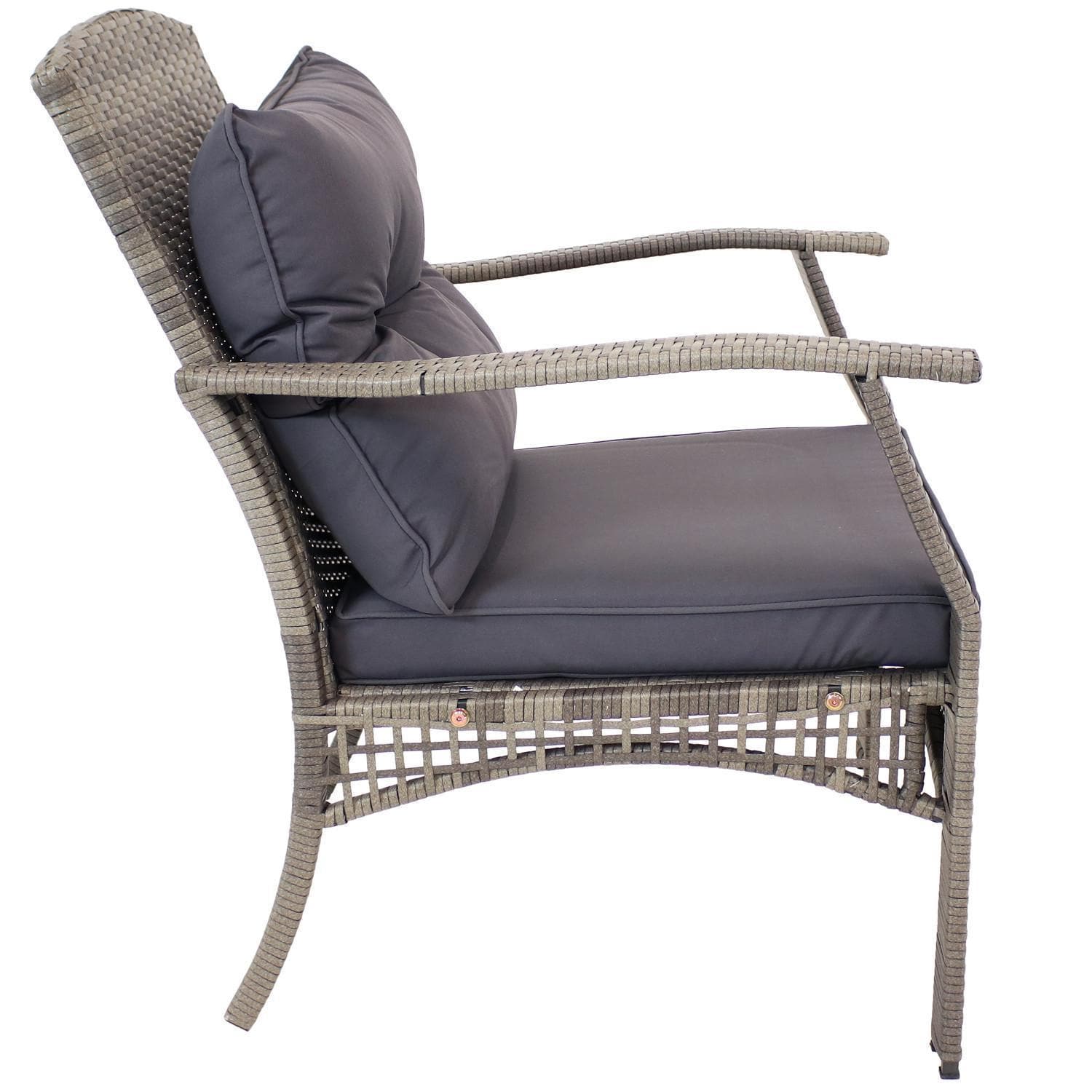 Ultimate Patio 4-Piece Resin Wicker Patio Conversation Set W/ Charcoal Cushions & Red Pillows - Side View - White Background thumbnail