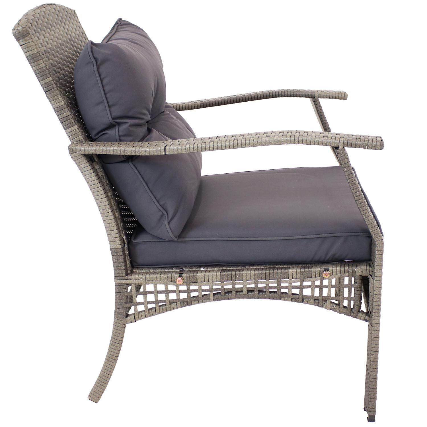 Ultimate Patio 4-Piece Resin Wicker Patio Conversation Set W/ Charcoal Cushions & Red Pillows - Side View - White Background thumbnail