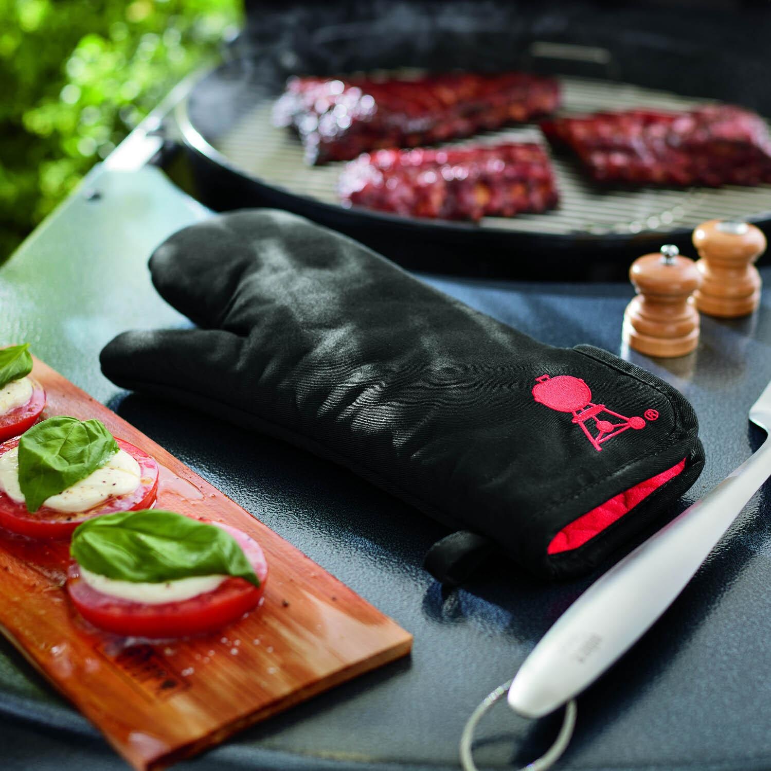 Weber 6532 Black With Red Kettle Cotton Grill Glove - Resting On Side Shelf thumbnail