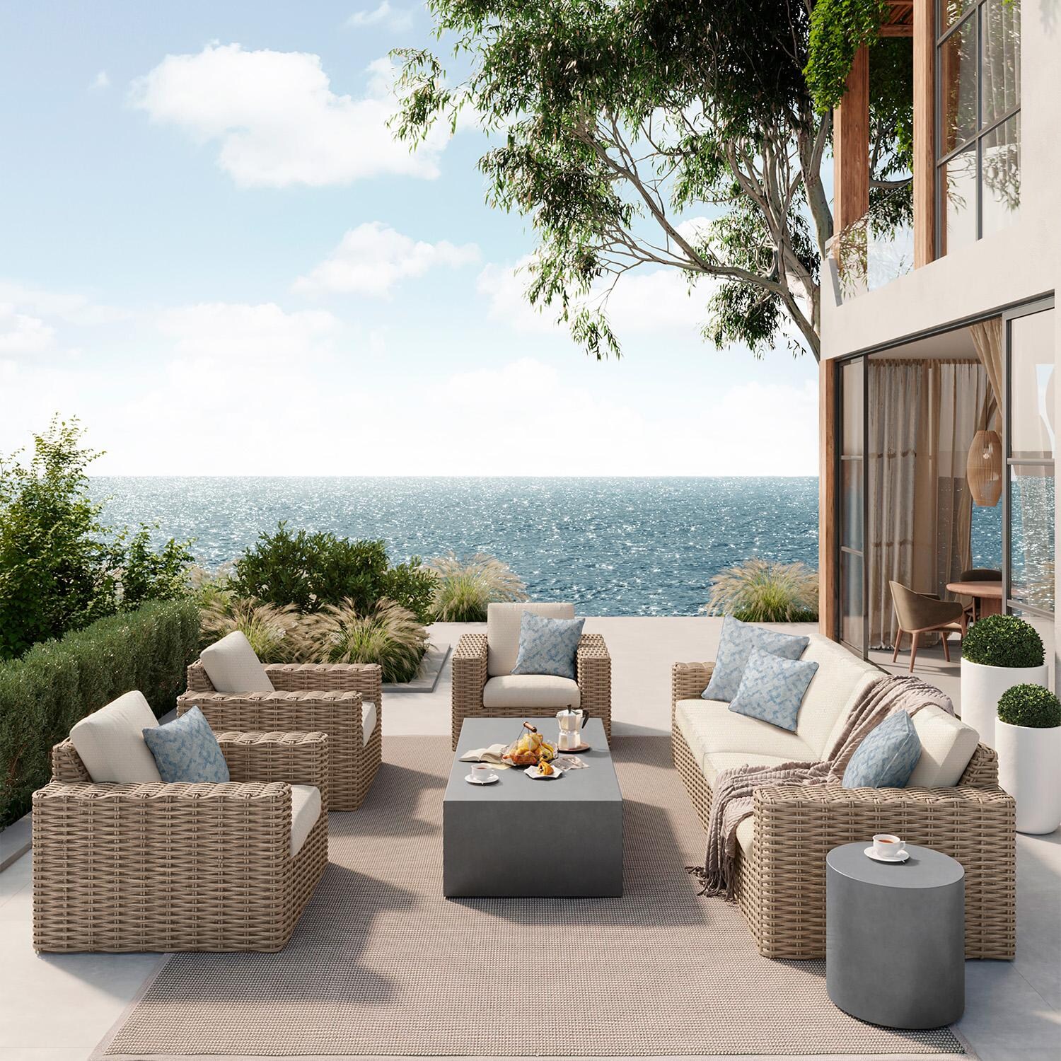 Mia Wicker Club Chair in Barley By Ebel - Back View - Shown w/Set - Lifestyle thumbnail