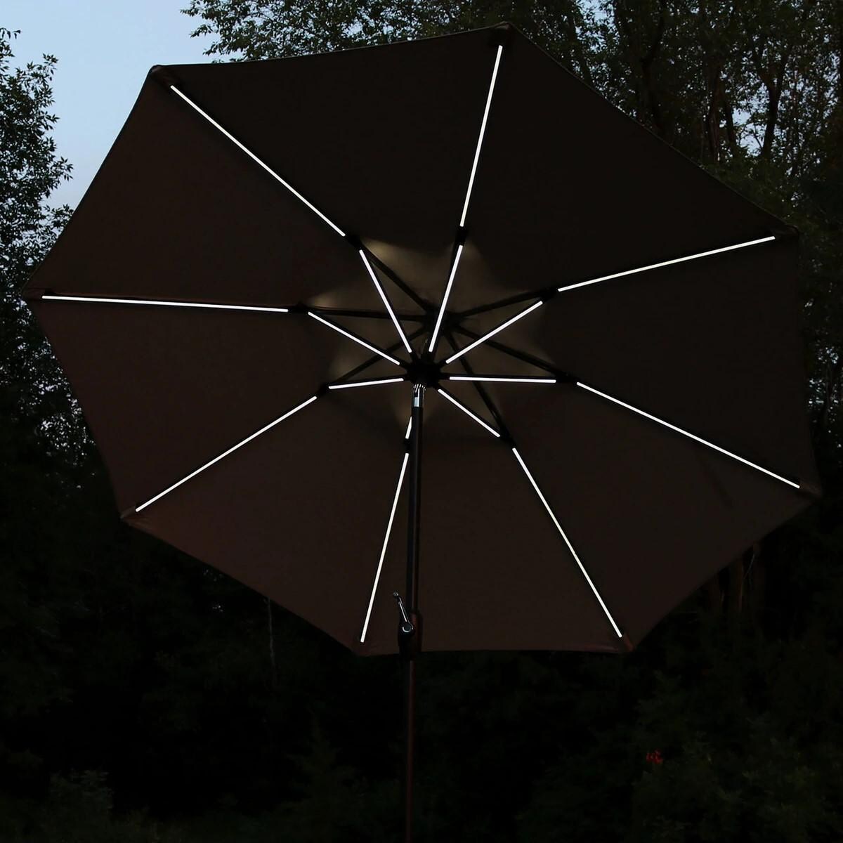Ultimate Patio 9 Ft. Solar Lighted Patio Umbrella W/ Crank & Tilt - Beige - Lights Turned On thumbnail