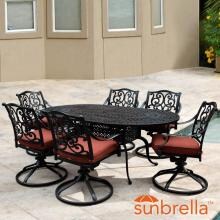 Villa Flora 7 Piece Cast Aluminum Patio Dining Set W/ Oval Table, Swivel Rockers & Sunbrella Canvas Henna Cushions By Lakeview Outdoor Designs image