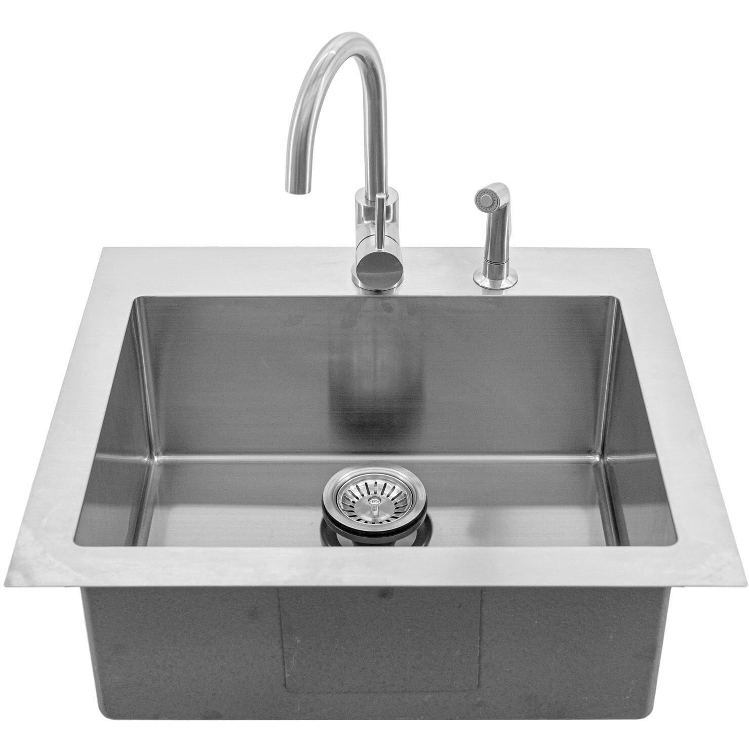 BBQGuys Signature - BBQ-RD2522-9 + BBQ-N88620B1-BN - 25 X 22 Drop-In Sink W/ Gooseneck Faucet Side Sprayer & Strainer - Front View thumbnail