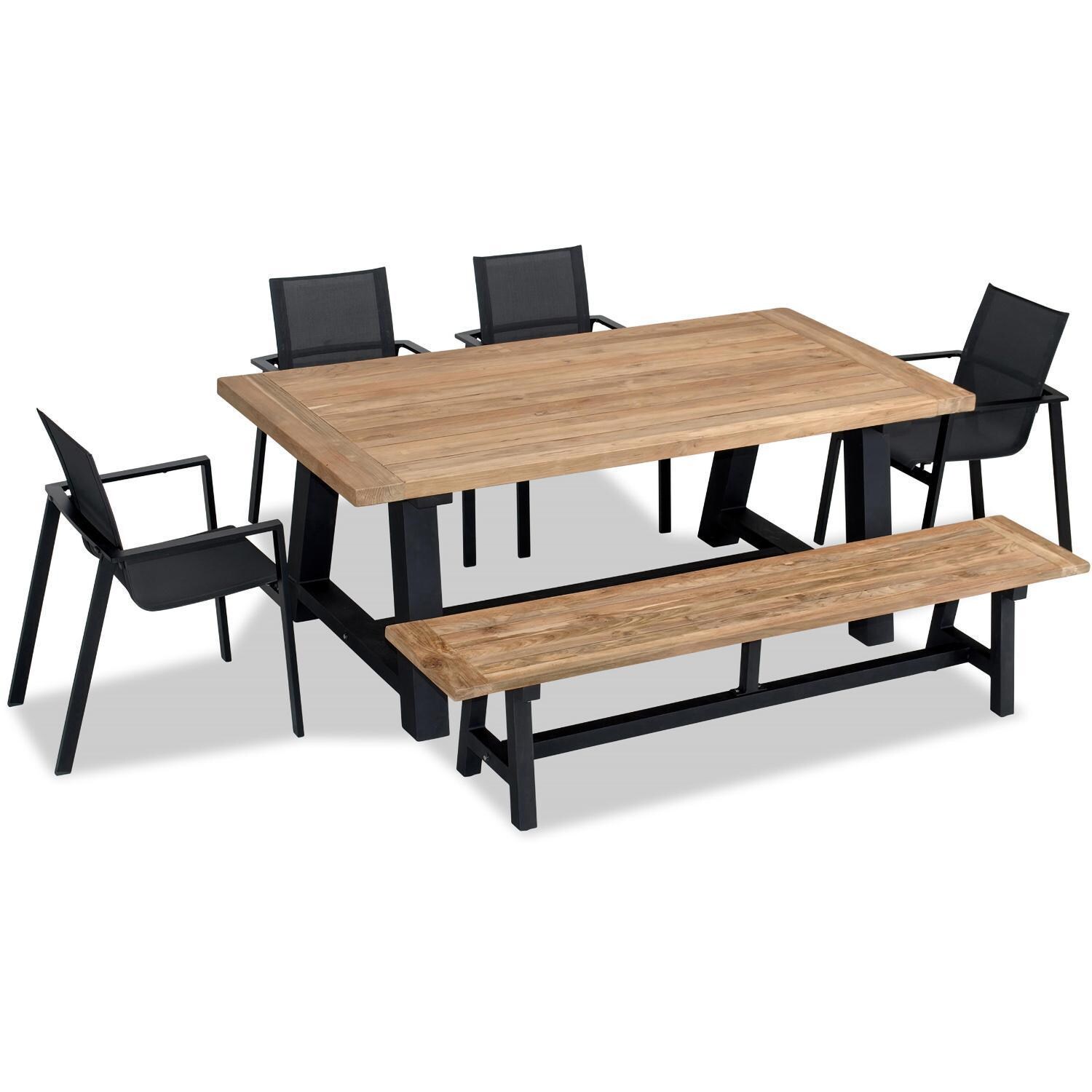 Spring Bay 7 Seat Reclaimed Teak Dining Set w/ Bench - Angled View From Above - White Background thumbnail