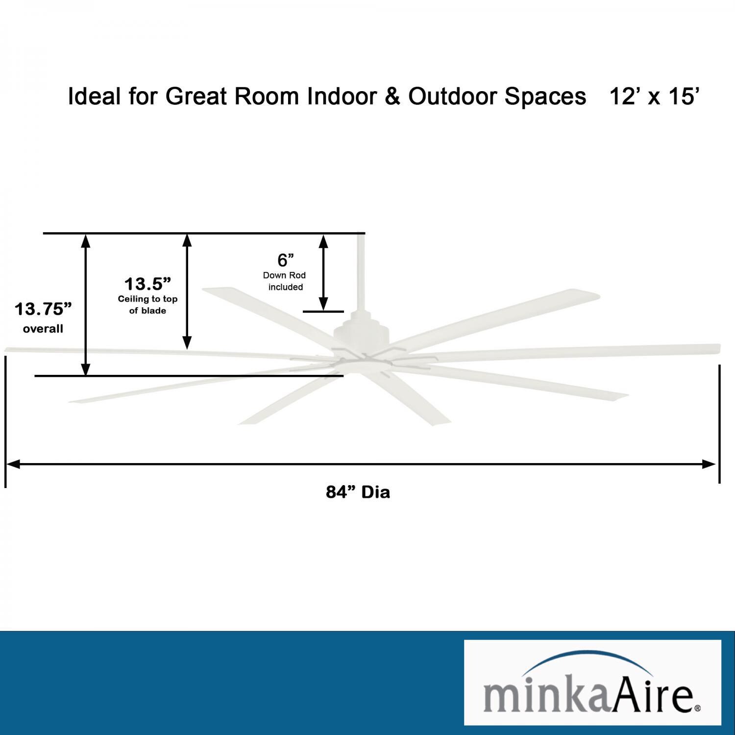 Minka-Aire F896-84-WHF Xtreme H2O 84-Inch 8-Blade Ceiling Fan in Flat White Finish w/ Flat White Blades - Dimensions thumbnail