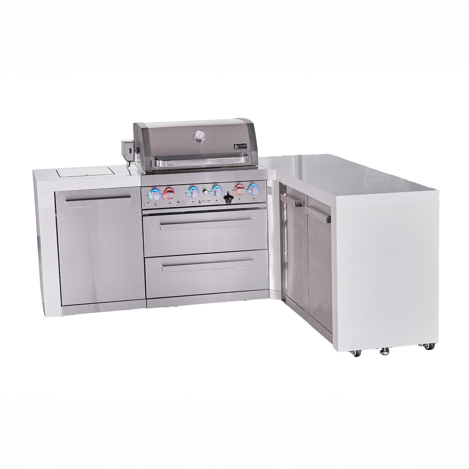 Mont Alpi Deluxe Series 7 Ft L-Shaped Natural Gas Outdoor Kitchen Island w/ 32-in Grill, Side Burner & Extra Door (Ships Propane w/ Conversion Kit)