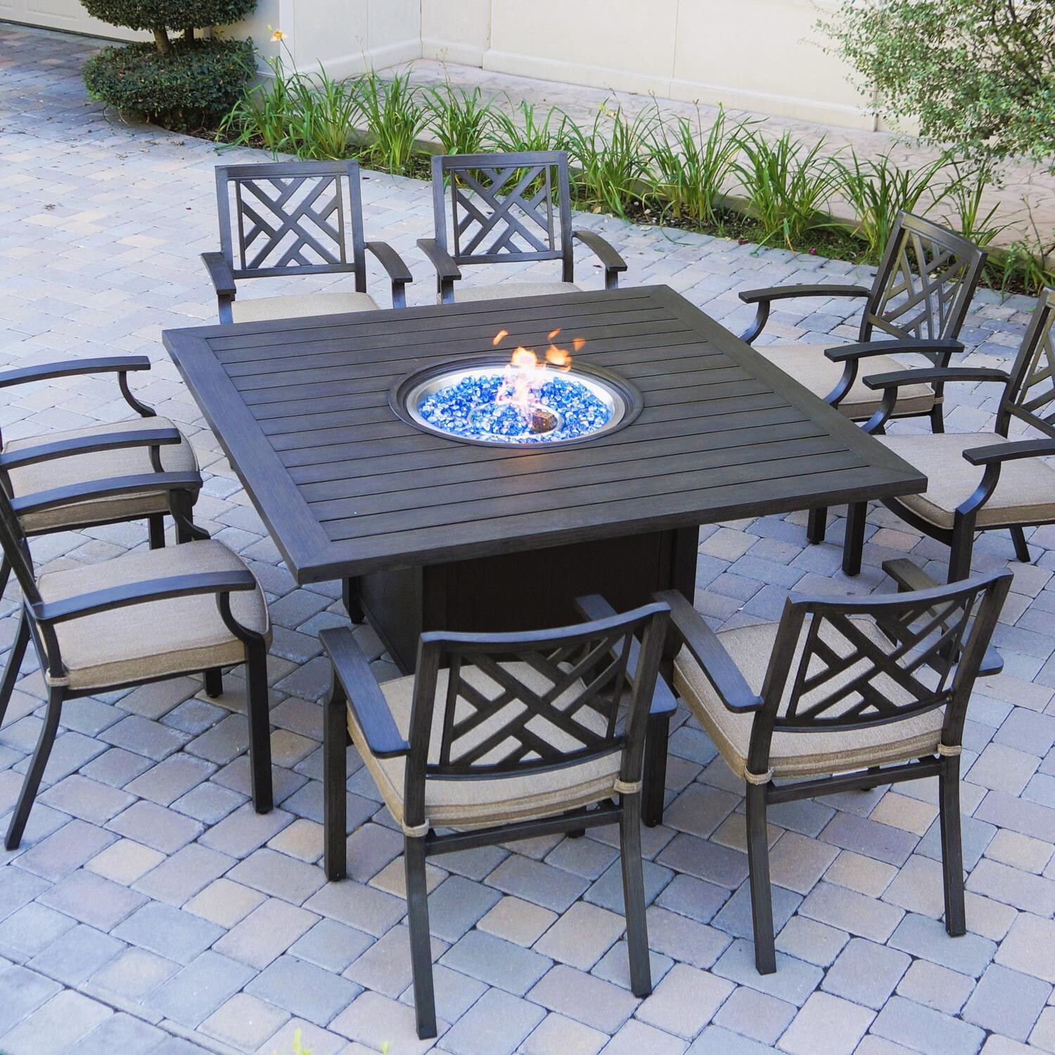 Darlee Brooklyn 9 Piece Aluminum Patio Dining Set W/ 60-Inch Square Propane Fire Pit Dining Table & Sesame Cushions thumbnail