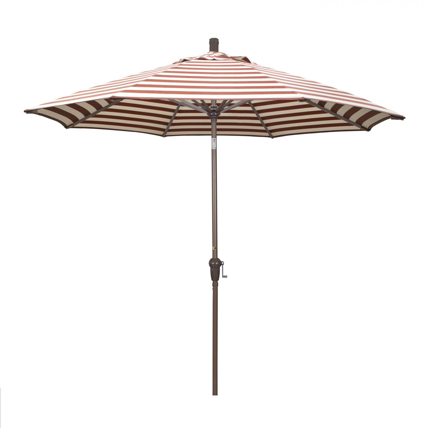 California Umbrella Sunset Series 9 Ft Octagonal Aluminum Auto Tilt Patio Umbrella W/ Crank Lift - Champagne Frame / Olefin Brick White Cabana Stripe Canopy image