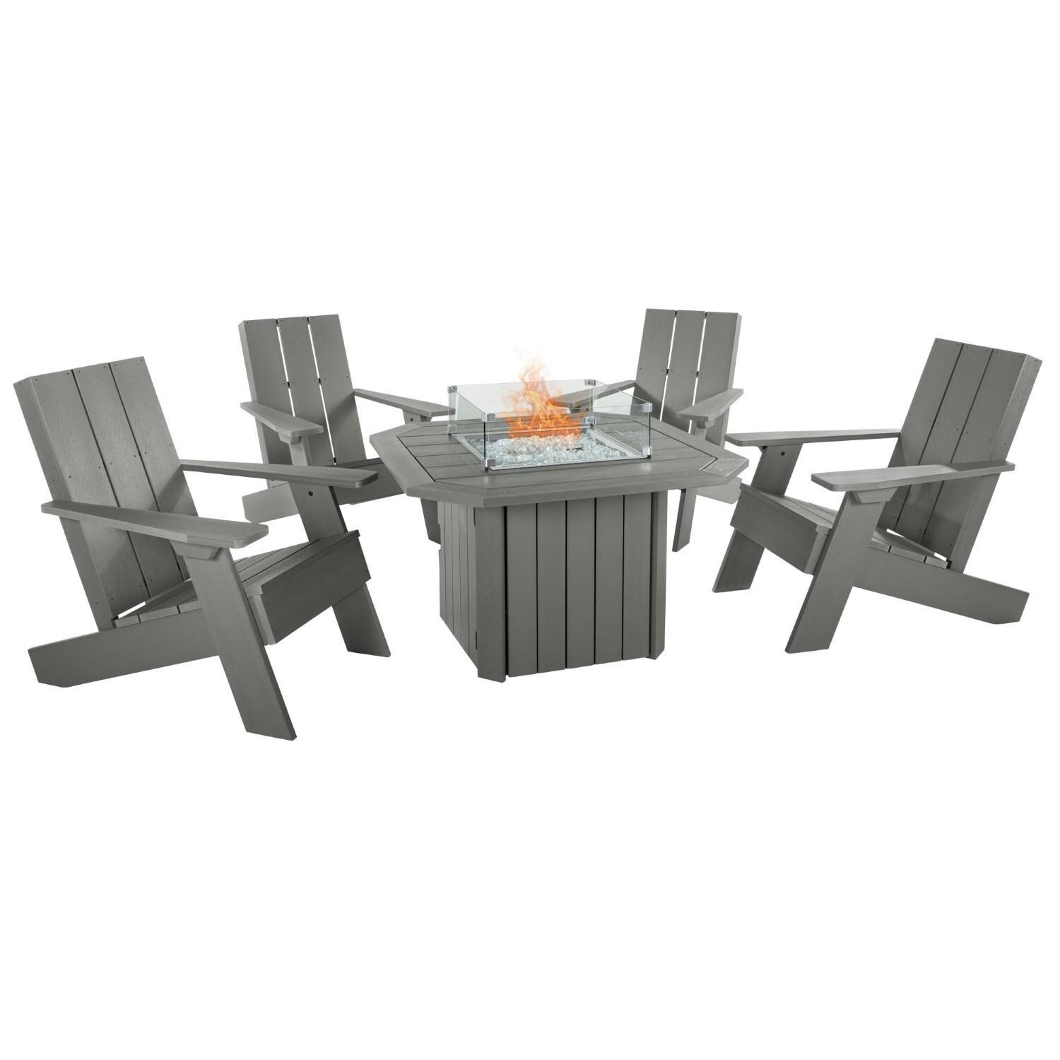 Harborview 5 Pc Adirondack Set W/ Fire Pit Table in Coastal Teak by Lakeview Outdoor Designs - White Background thumbnail