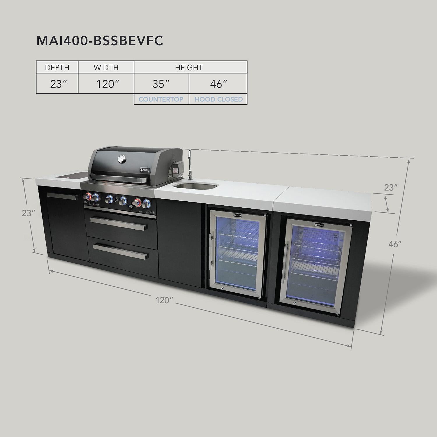 Mont Alpi Black Series 10 Ft Natural Gas Outdoor Kitchen Island w/ Side Burner, Beverage Center & Fridge (Ships Propane w/ Conversion Kit) - Dimensions - Dimensional thumbnail