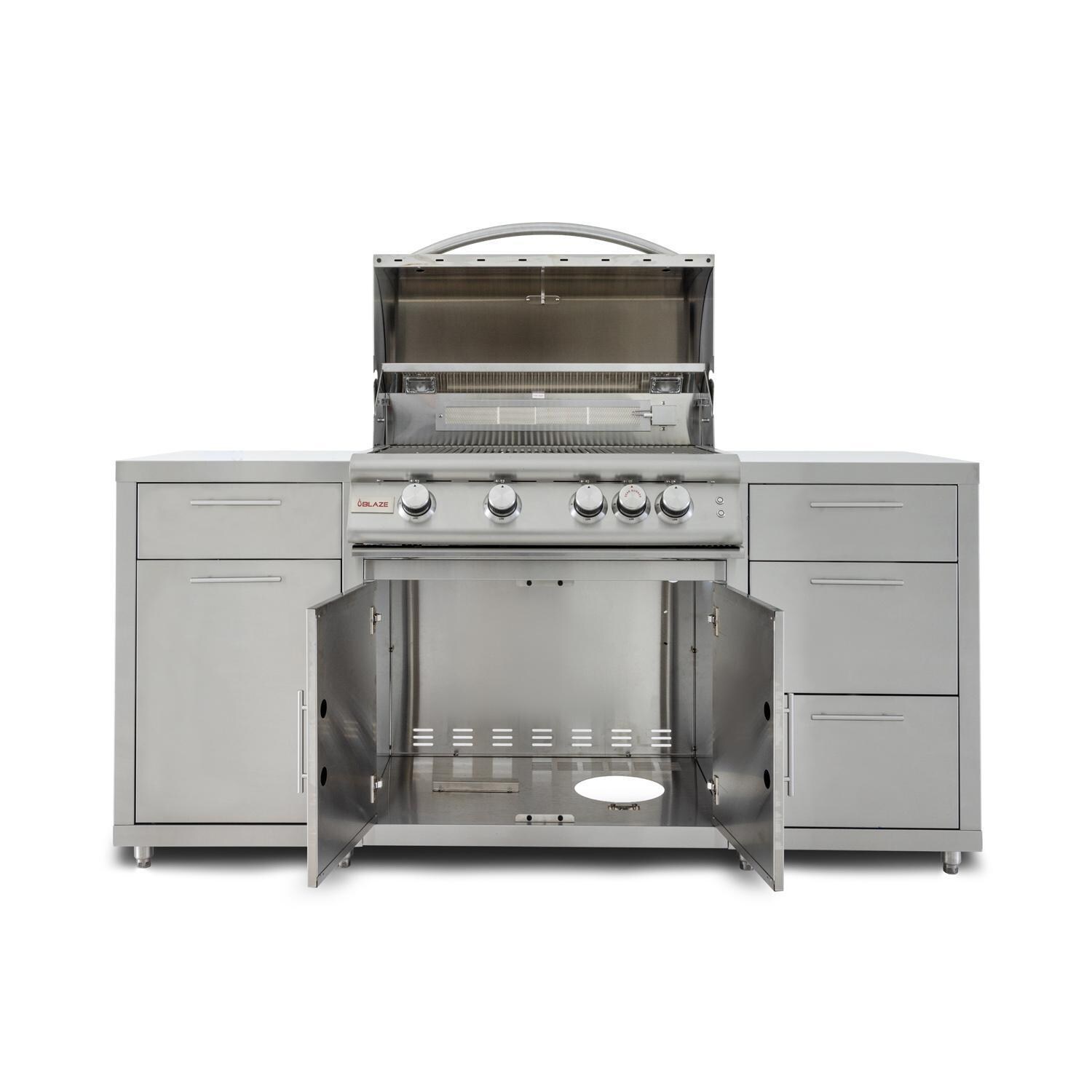 Blaze BLZ-SS-ISLAND-4LTE2-LP 6-Foot Stainless Steel Island w/ Premium LTE 32-Inch Propane Grill - Center Storage Doors Open - White Background thumbnail