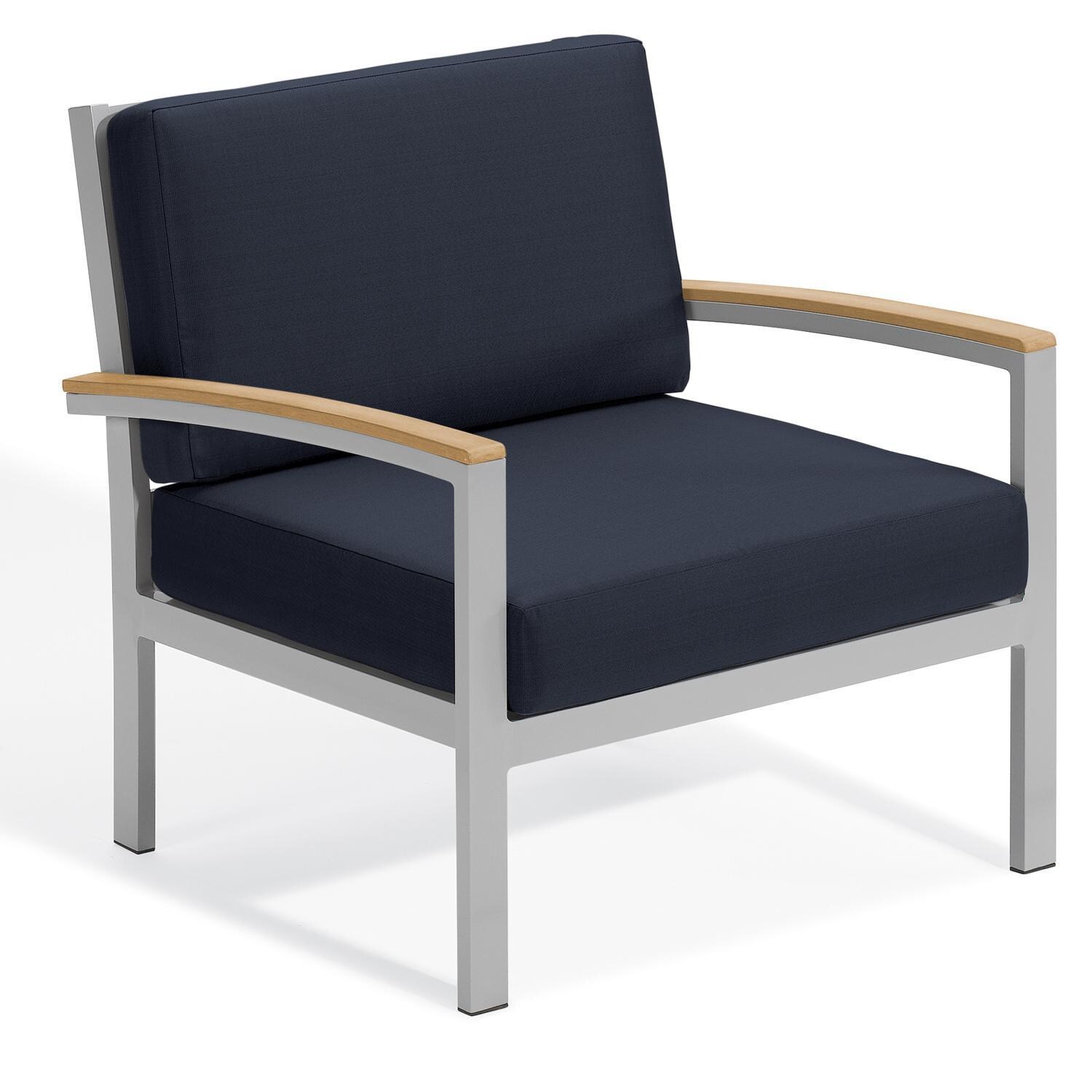 Oxford Garden Travira Aluminum Club Chair W/ Natural Tekwood Arm Caps in Flint/Midnight Blue thumbnail