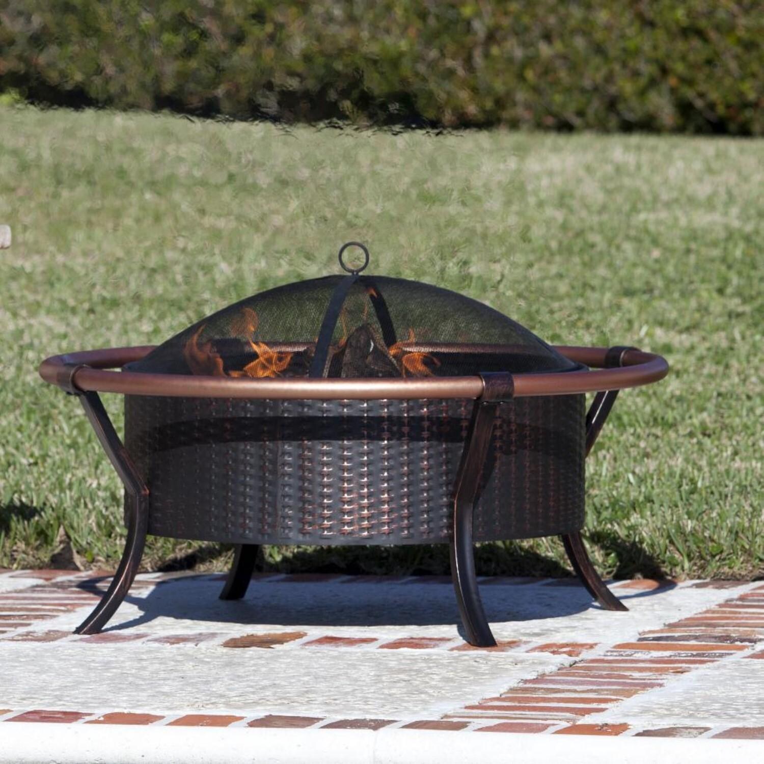 Crewview 5 Pc Wicker Outdoor Seating Set w/ Wood Burning Fire Pit by Ultimate Patio - Fire Pit Close-up - Lifestyle