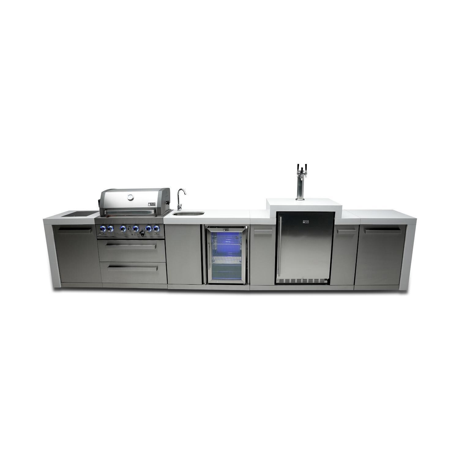 Mont Alpi Deluxe Series 14 Ft Natural Gas Outdoor Kitchen Island w/ Side Burner, Beverage Center, & Kegerator (Ships Propane w/ Conversion Kit) - MAi400-DKEGBEV