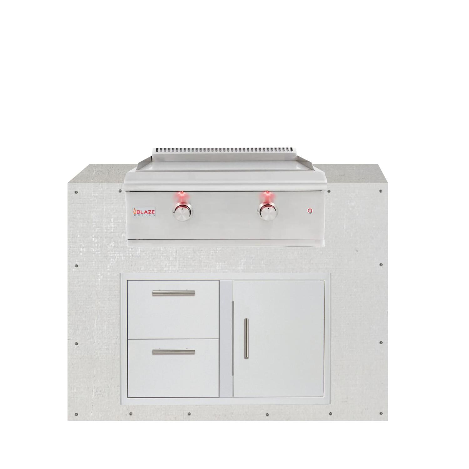 BBQGuys Signature 48-Inch Ready for Finish Outdoor Kitchen Module w/ Blaze LTE 30-Inch Natural Gas Griddle & Double Drawer & Door Combo