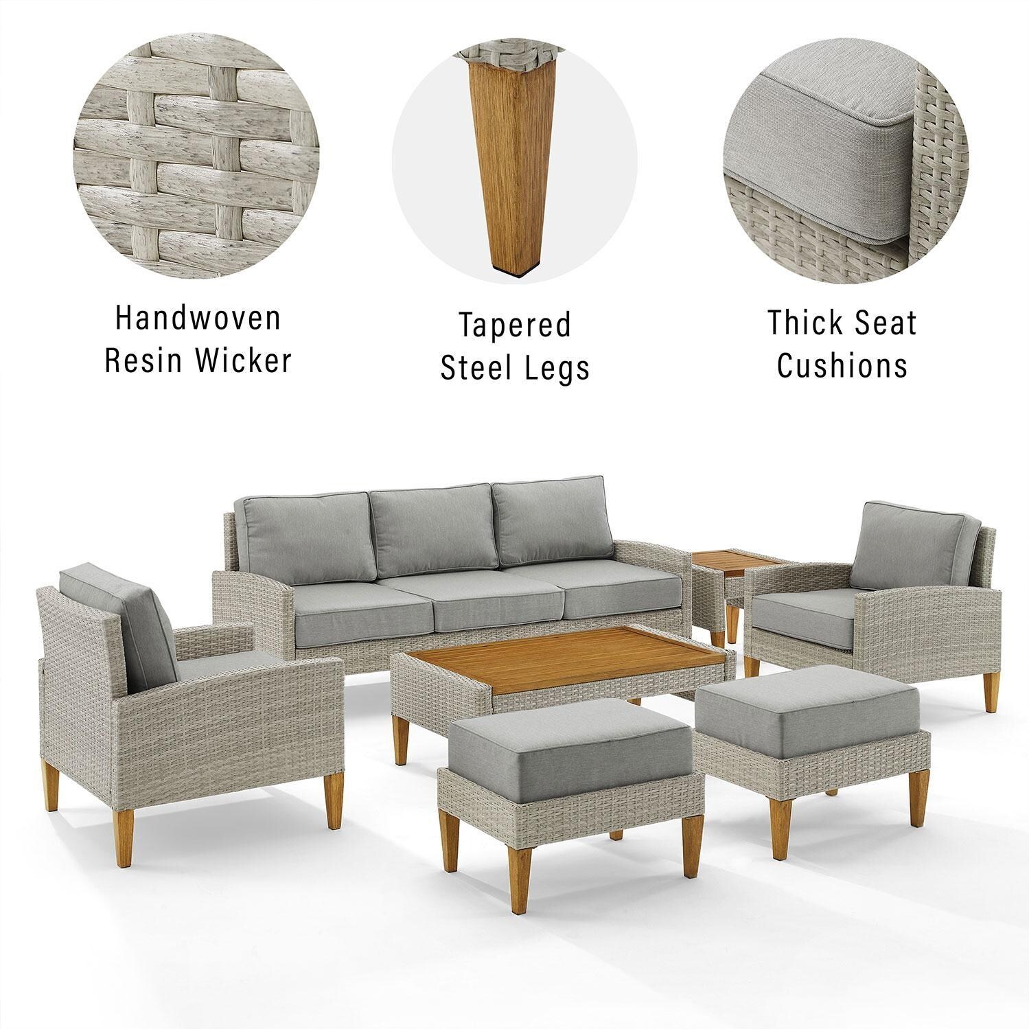 Ultimate Patio UP-92431GY-AC 7Pc Wicker Outdoor Sofa Patio Furniture Set in Acorn - Set Features - Diagram thumbnail