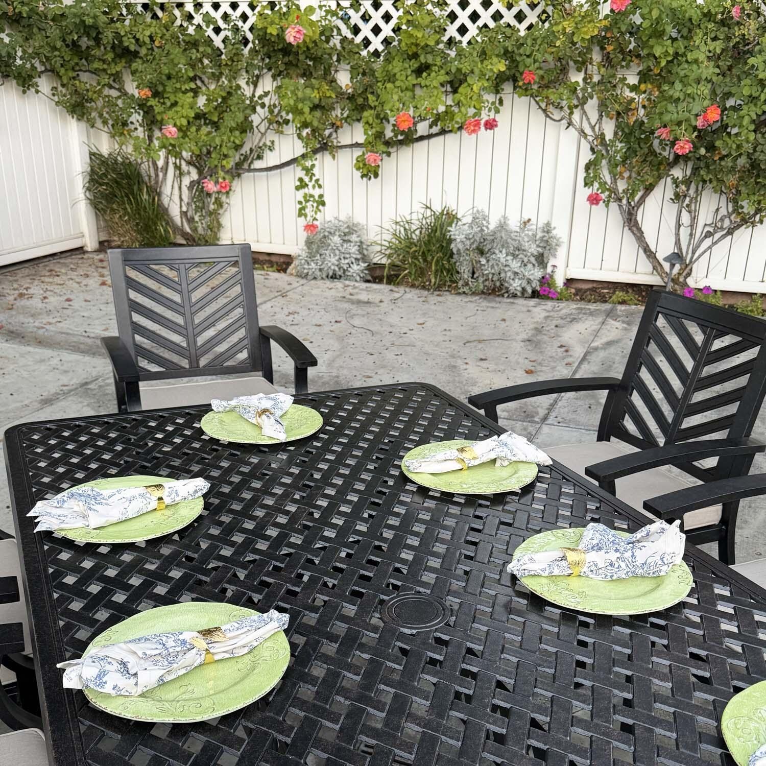 Palm Springs 9 Pc Aluminum Dining Set w/ 88" x 42" Rectangular Dining Table in Antique Bronze/Beige by Darlee - Close Up - Lifestyle thumbnail