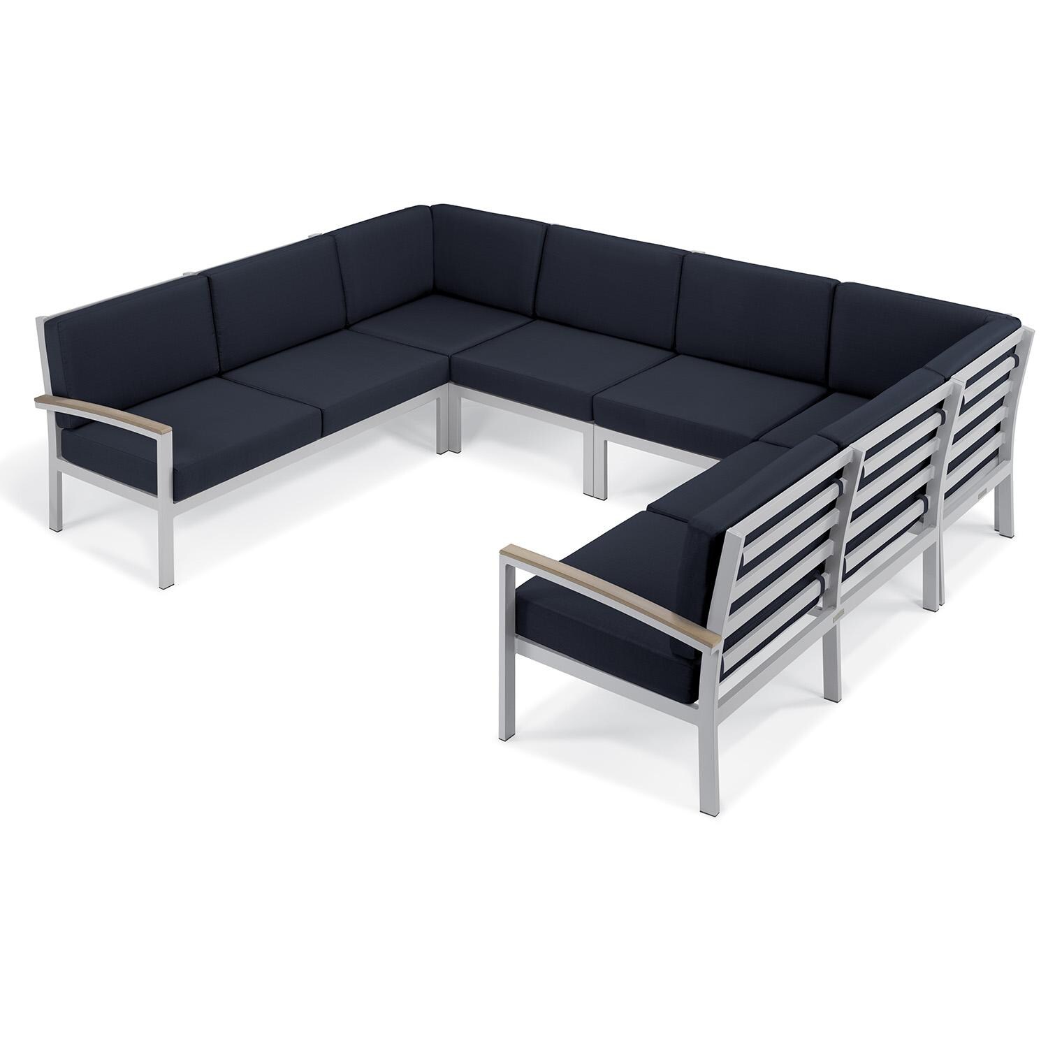 Oxford Garden 5262-PC.F Travira 6 Pc Aluminum Seating Set in Vintage Tekwood/ Midnight Blue by Oxford Garden - Set - White Background thumbnail