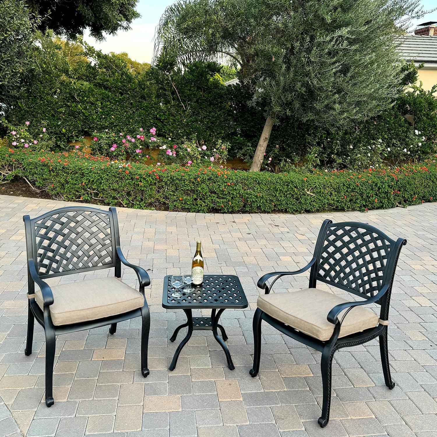 Nassau 3 Pc Cast Aluminum Conversation Set in Antique Bronze w/ Beige Canvas Cushions By Darlee