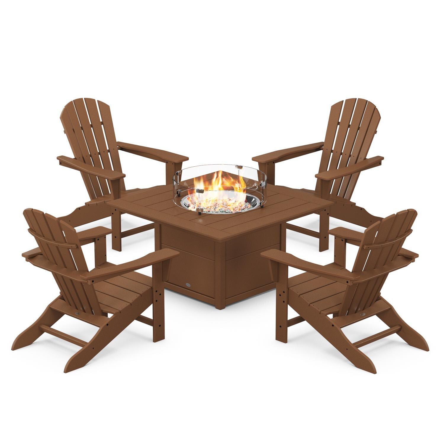 Palm Coast 5 Pc Recycled Plastic Fire Pit Seating Set in Teak by POLYWOOD