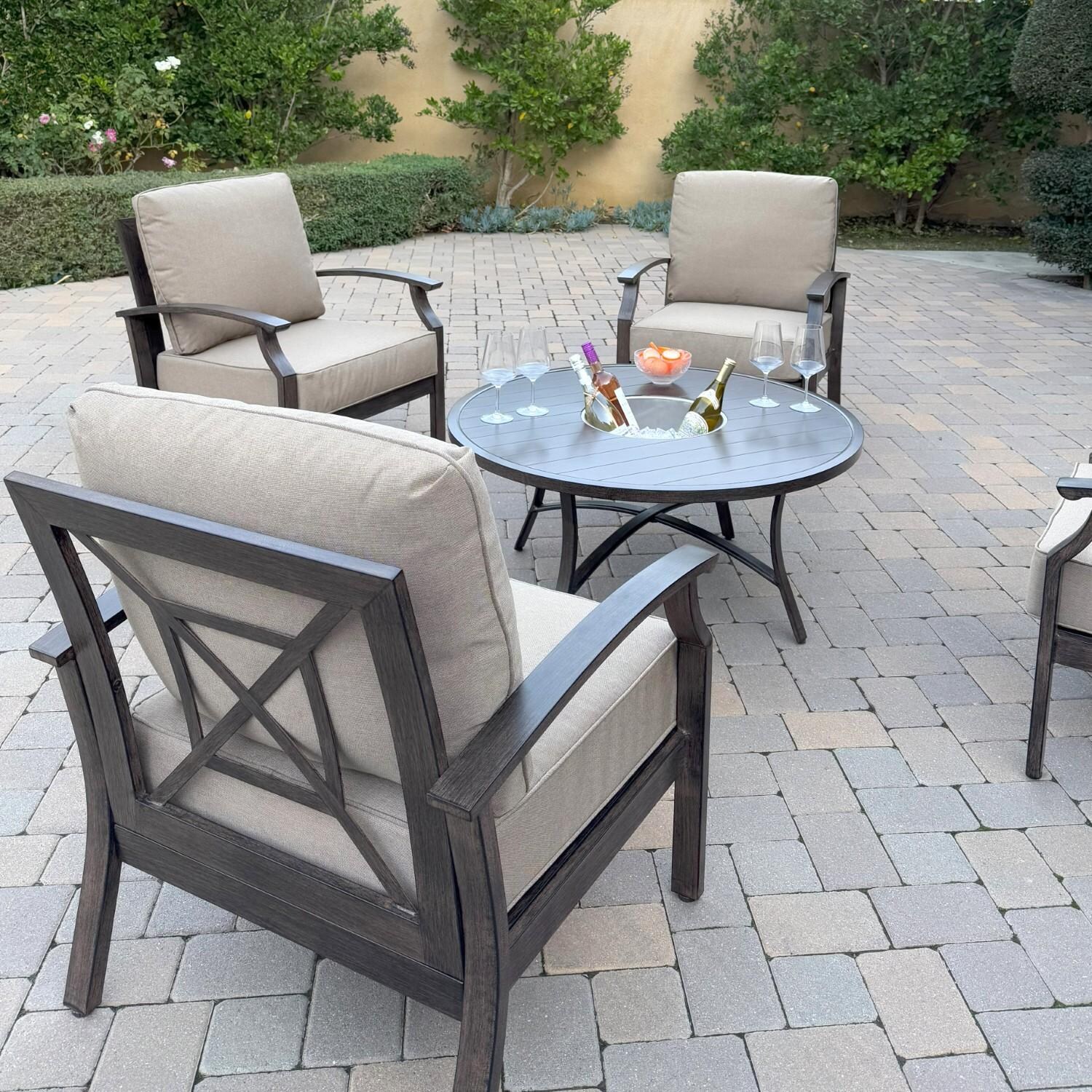 Atlantis 5 Pc Aluminum Seating Set w/ 4 Club Chairs & Ice Bucket in Walnut/Beige by Darlee - Chair Rear - Lifestyle thumbnail