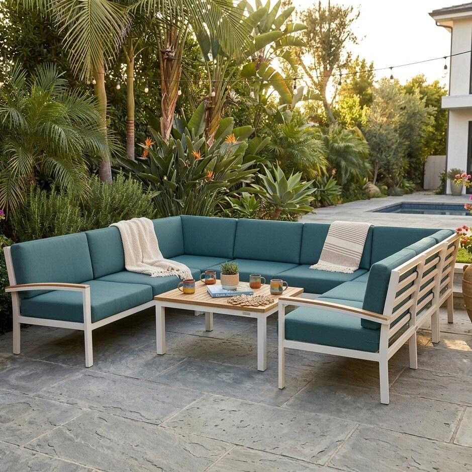 Travira 7 Pc Aluminum Seating Set w/ Coffee Table in Vintage Tekwood/ Ice Blue by Oxford Garden