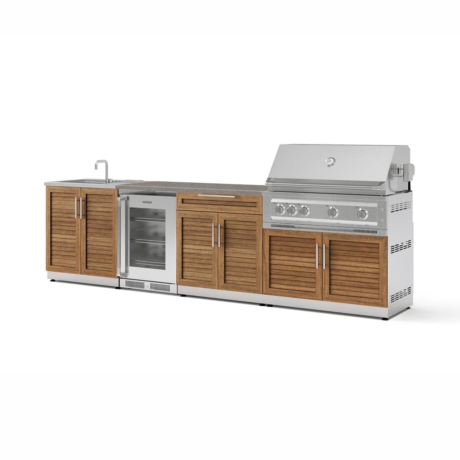 NewAge Products 72113 Classic Series 10 1/2 Ft Outdoor Kitchen Island w/ 40-in Natural Gas Grill, Sink, Glass Door Refrigerator, Trash Bin, Door & Drawer in Grove/Sage Gray - Angled - White Background thumbnail