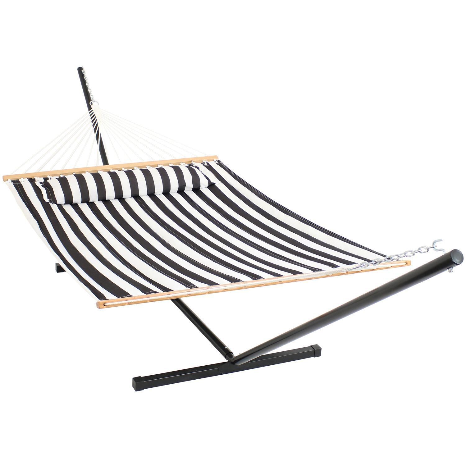 Ultimate Patio Quilted Double Hammock & Pillow w/ 12-Foot Black Stand - Black and White Stripe