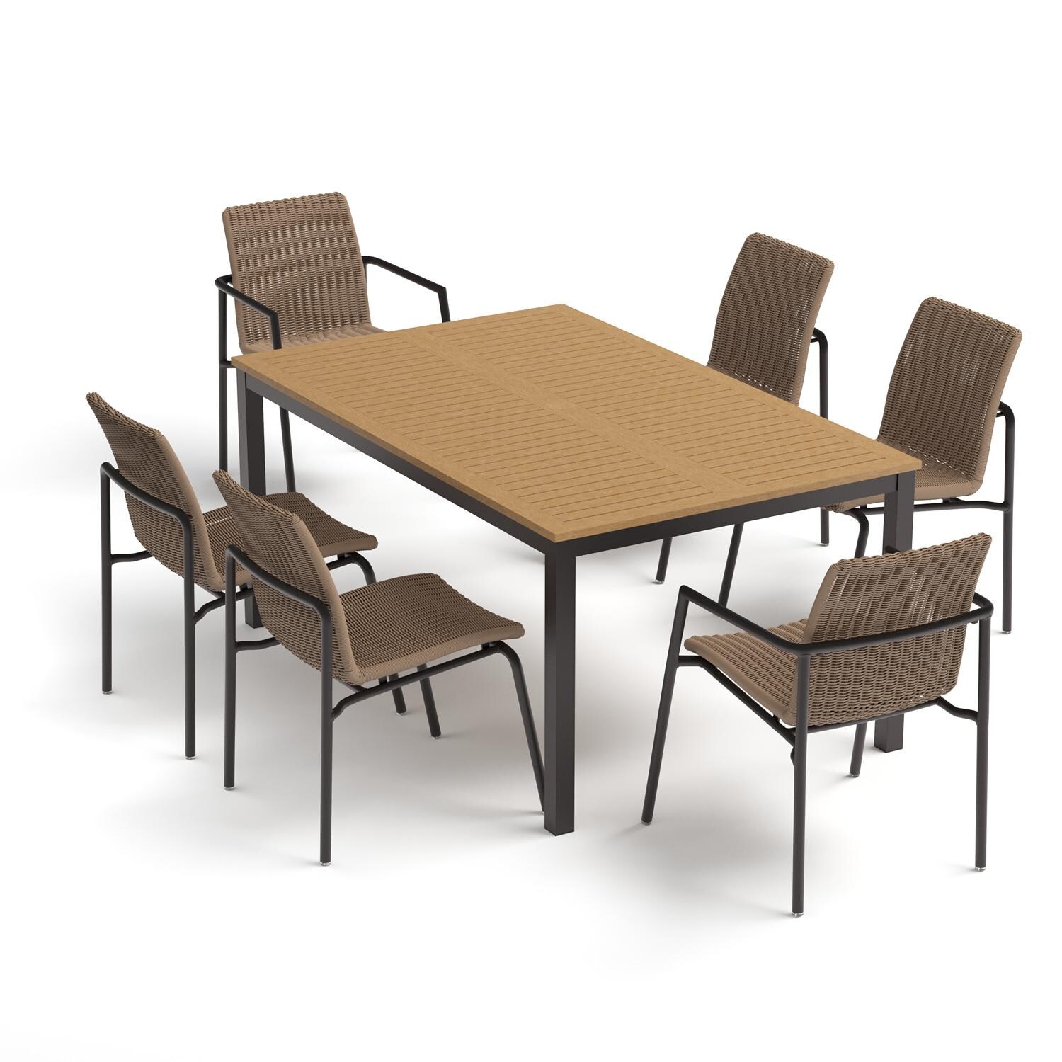 Oxford Garden Orso 7 Pc Wicker & Aluminum Dining Set W/ Natural Tekwood Table Top in Carbon/Sand - Top View thumbnail