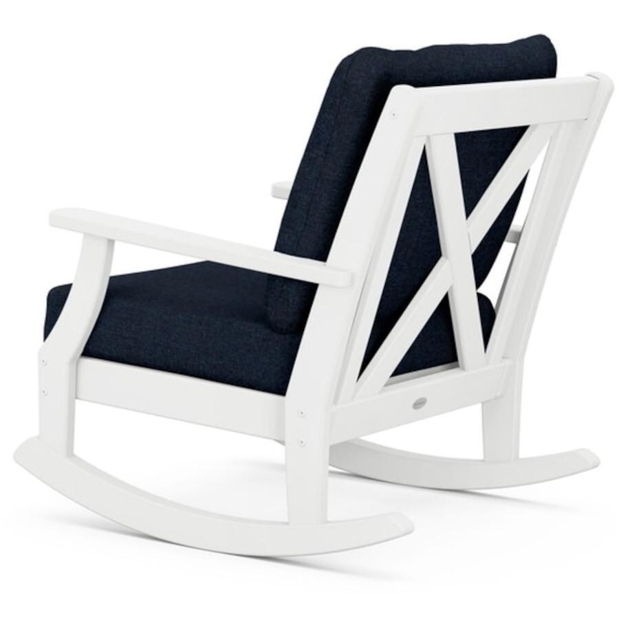 POLYWOOD Braxton Deep Seating Rocking Chair in White / Marine Indigo Rear View