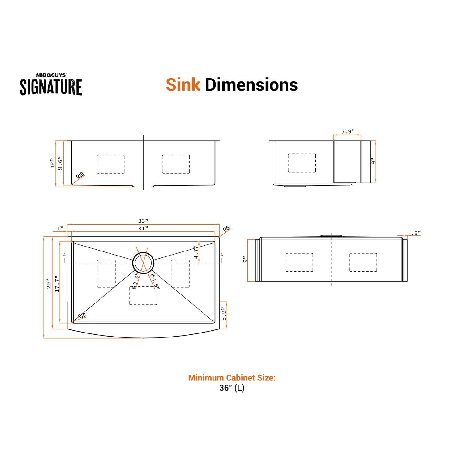 BBQGuys Signature Farmhouse Bowed Apron Stainless Steel 33-Inch Sink W/Grid and Strainer - Dimensional thumbnail