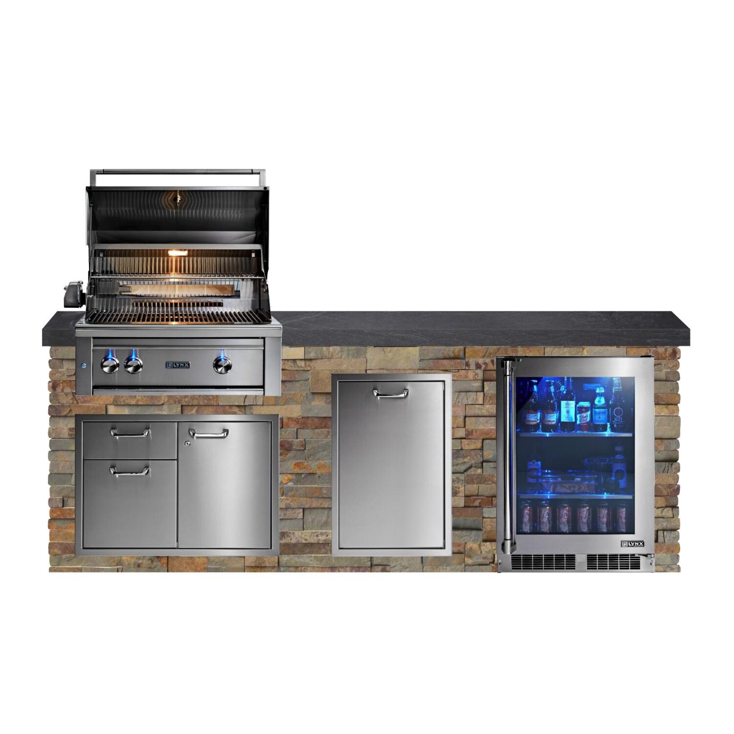 BBQGuys Signature 8ft Luxury Outdoor Kitchen w/ Lynx Professional 30-Inch Propane Grill & Refrigerator - Gold Rush Stone w/ Black Polished Granite